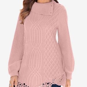 Roman’s light pink cable knit sweater with cowl neck. Size Medium 14/16